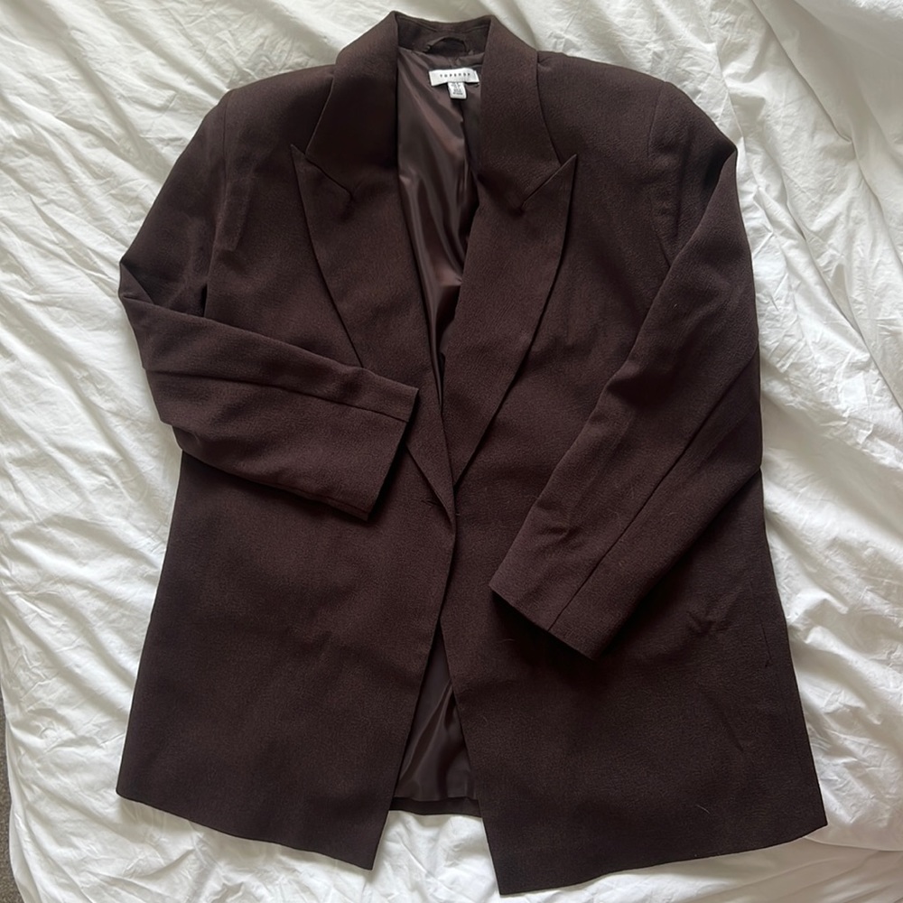 NEVER WORN Topshop Blazer. Chocolate brown crepe material. Oversized